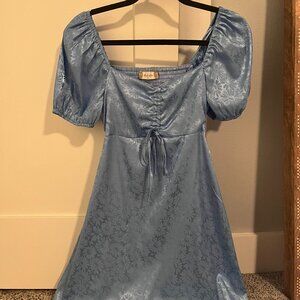 Altar’d State Jocelyn Floral Daisy Puff Sleeve Satin Dress in Blue Size S
